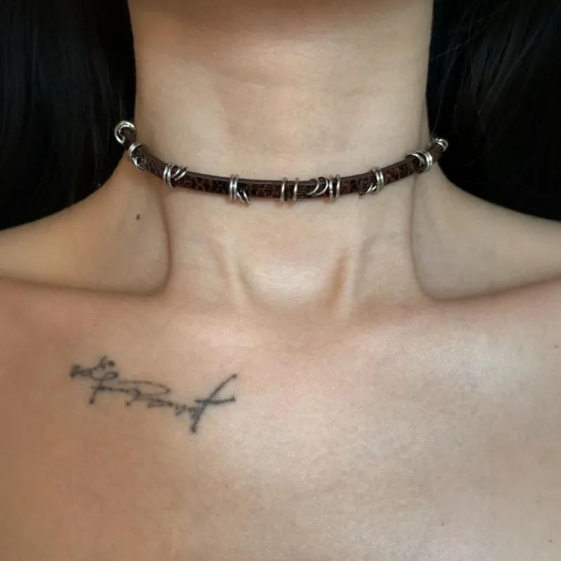 New Punk Trendy Gothic Geometry Leather Collar Chain Choker Necklace For Women Men Fashion Vintage Jewelry Y2K EMO Accessories