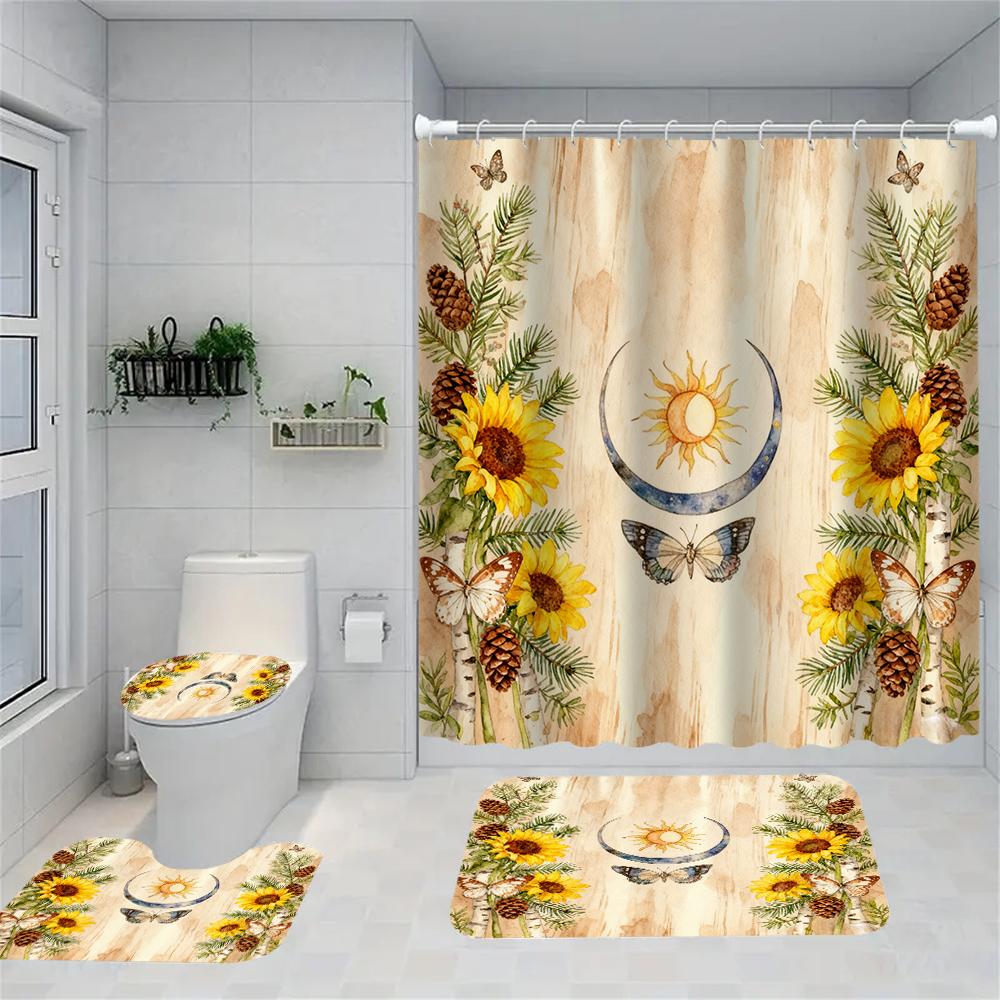 1/4 Marine Organisms Print Shower Curtains, Toilet Seat Decoration, Shower Curtain with Carpet and Toilet Lid, 70.8x70.8 Inch