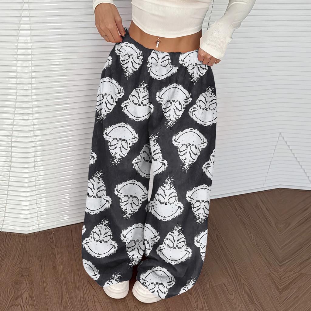Women's Casual Christmas Print Elastic Waist Loose Fit With Plush Wide Leg Pants