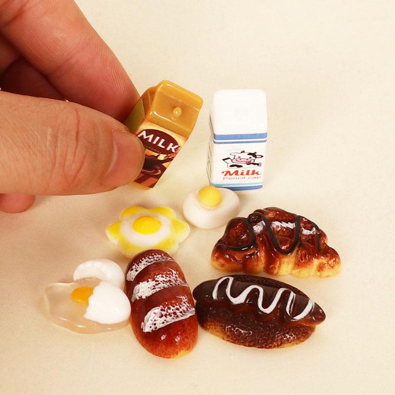 Miniature Dollhouse Kitchen Food Set: Eggs, Bread, Milk Carton Tray Model for Creative DIY Scene Decoration