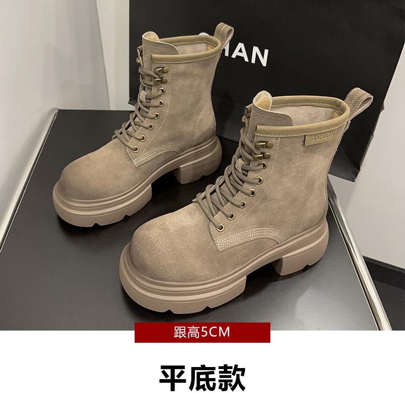 Leather Martin boots women's autumn cow suede retro women's short boots western big head medium boots increase height