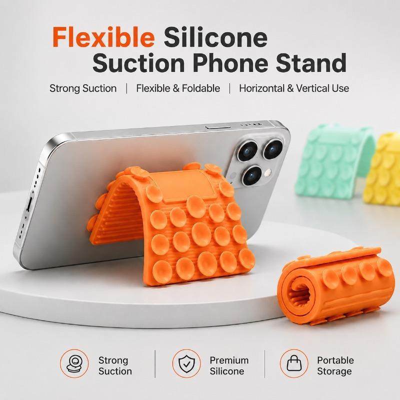 Flexible Silicone Integrated Phone Stand Rollable Foldable Universal Suction Cup Support Holder Multi-angle Adjustable Desktop