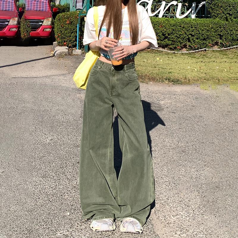 Khaki jeans women's summer new lazy loose pants high waist straight wide leg pants American