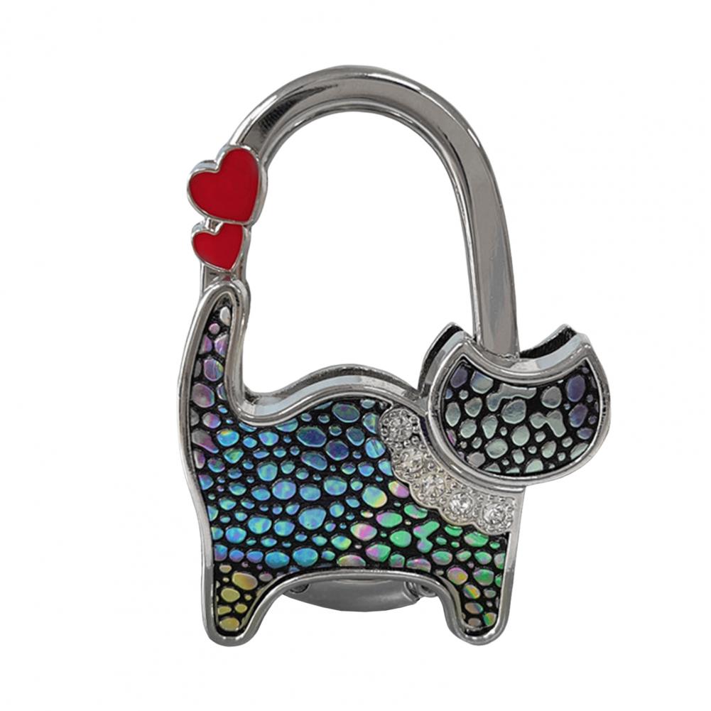 Cat-Shaped Bag Hook with Shiny Rhinestones Decor Non-Slip Base Foldable Desk Edge Handbag Hanger Keychain