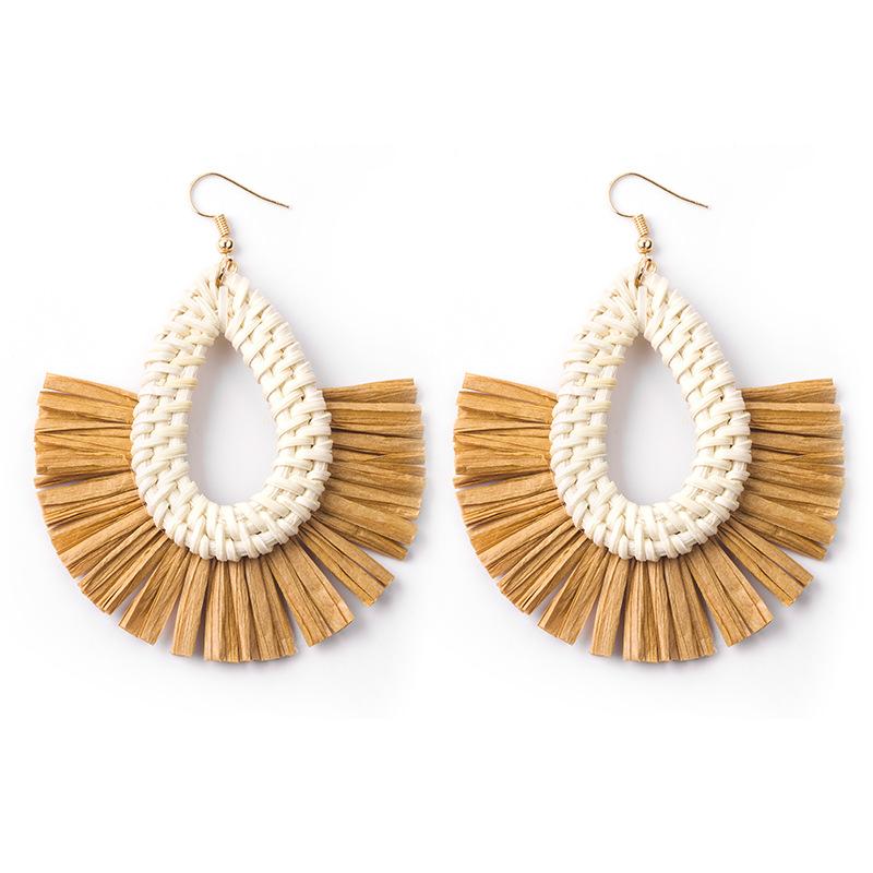 Hand-Woven Geometric Rattan Raffia Earrings, Retro Resort Fan Stud Earrings, Earrings For Women