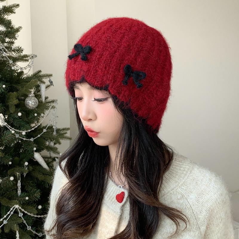 Women's Autumn and Winter Sweet and Versatile Bow Knitted Wool Hat Korean Style Big Head Surround Head Hat Warm Cold Hat New