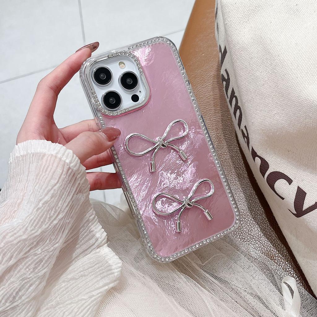 Applicable To IPhone16proMax Laser Feather Bow Mobile Phone Case Apple 15 Flashing Powder Diamond Anti Fall Protection Case