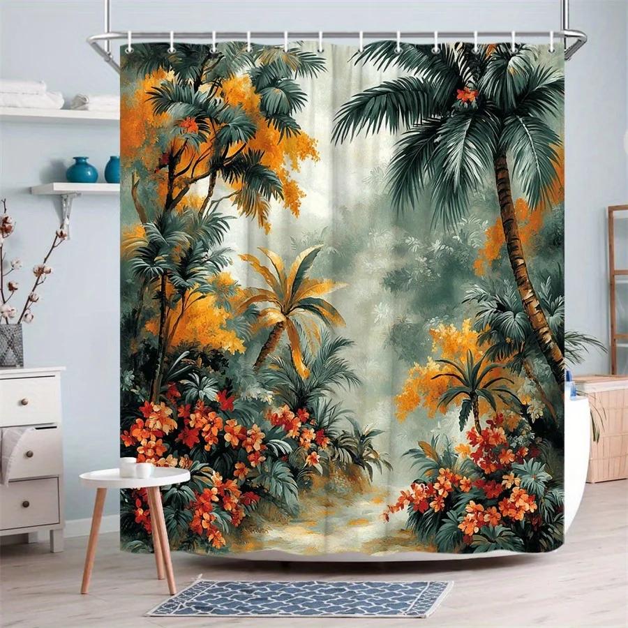 1pc Tropical Jungle Shower Curtain - Vibrant Palm Trees, Hibiscus Flowers & Colorful Blossoms Design, Durable Polyester Fabric,