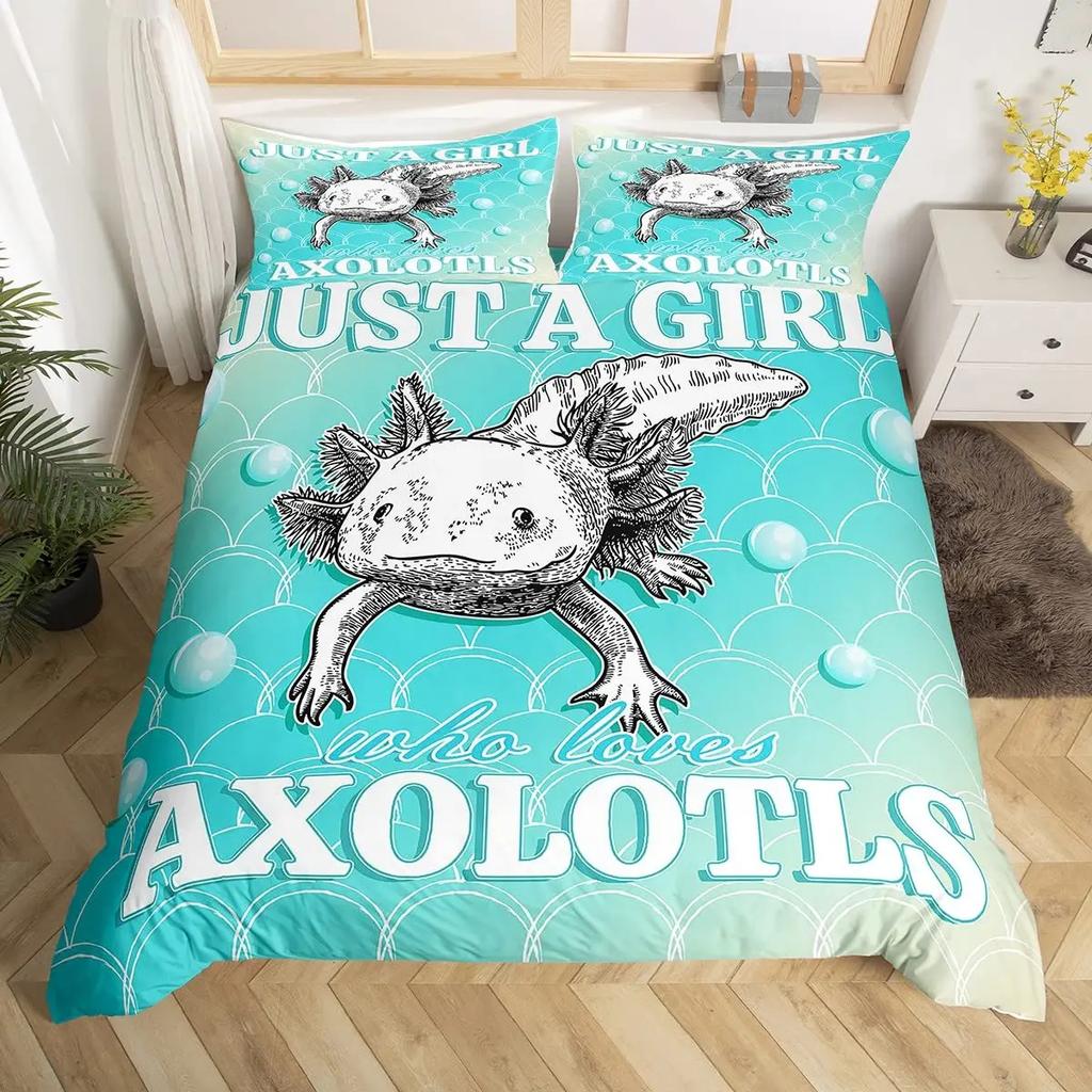 Axolotl Bettbezug Set Rosa Molch Wildtier Bettdeckenbezug mit Kissenbezügen Cartoon Oktopus Tier Kawaii Stil Einzelbett-Bettbezug