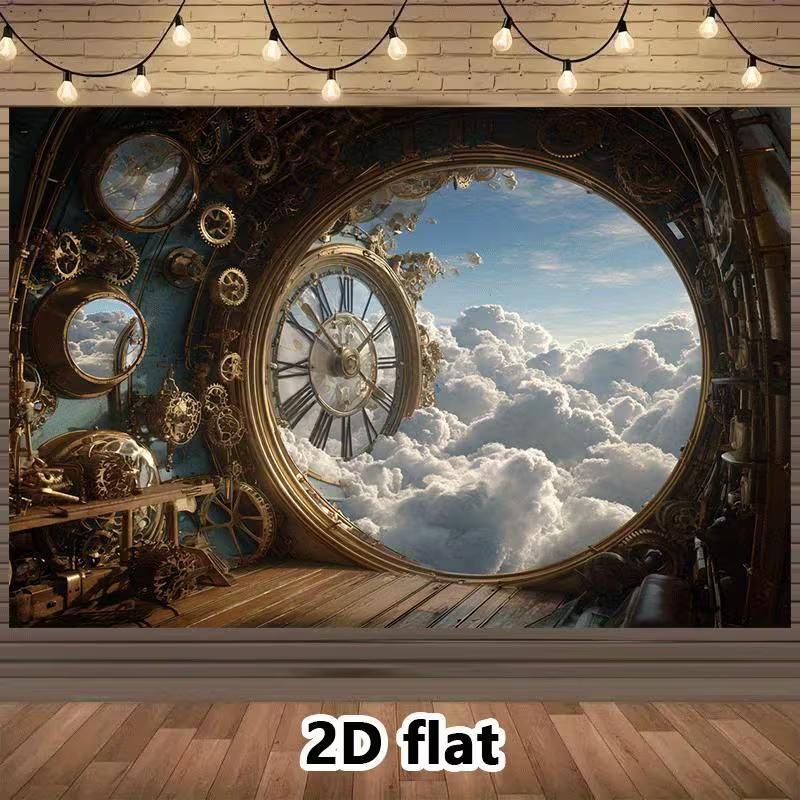 2D Steampunk Mechanical Gears Backdrop Sky Clouds Fantasy Party Background 47.2x31.5inch/120*80cm