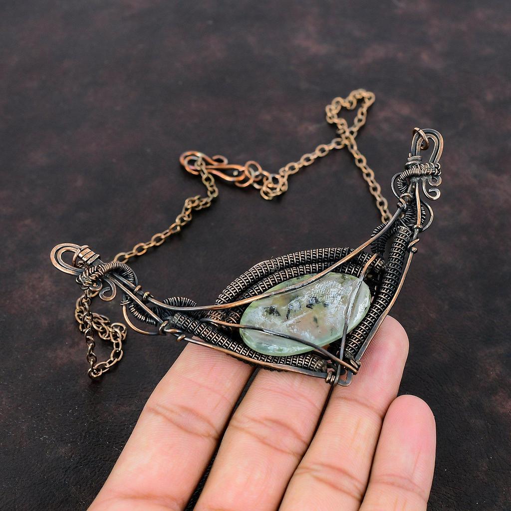 Moss Prehnite Necklace Copper Wire Wrapped Necklace Handmade Adjustable Chain Necklace Copper Jewelry Wire Wrapped Gemstone Jewelry For Gift