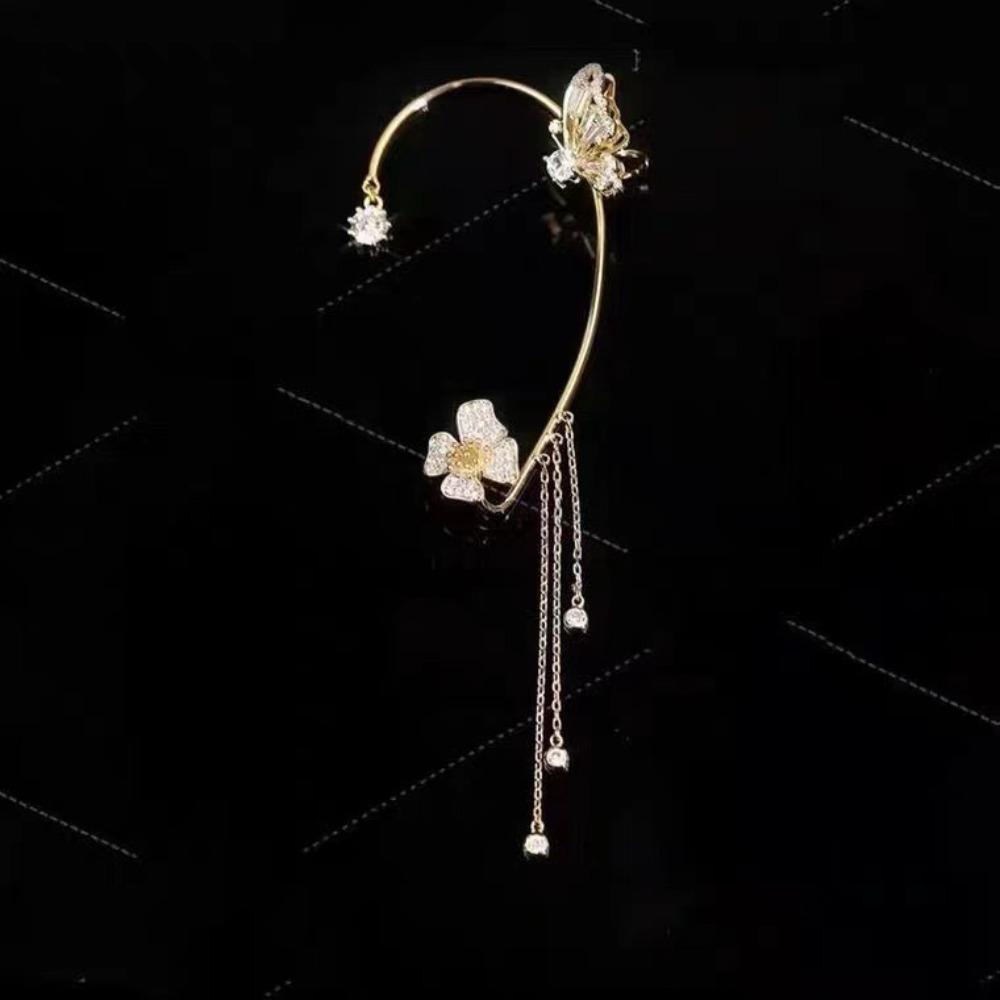 Sparkling Zircon Flower Butterfly Ear Bone Clip for Women Without Piercing Tassel Ear Cuff Clip Earrings Wedding Jewelry
