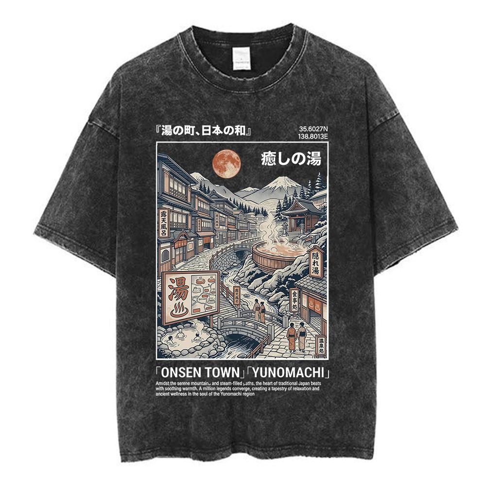 Vintage Japan Osaka Dotonbori Krabben Stadtbild Grafik T-Shirts Herren Gewaschen Mode Übergroßes Baumwoll-T-Shirt Unisex Streetwear