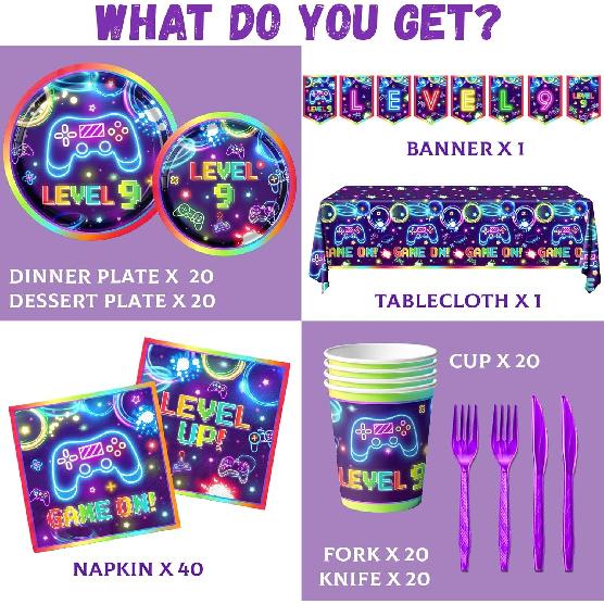 142pcs 9th Video Game Birthday Decorations for Boys 9th Gaming Birthday Party Supplies Tableware 9th Video Game On Plates Napkins Banner Tablecloth