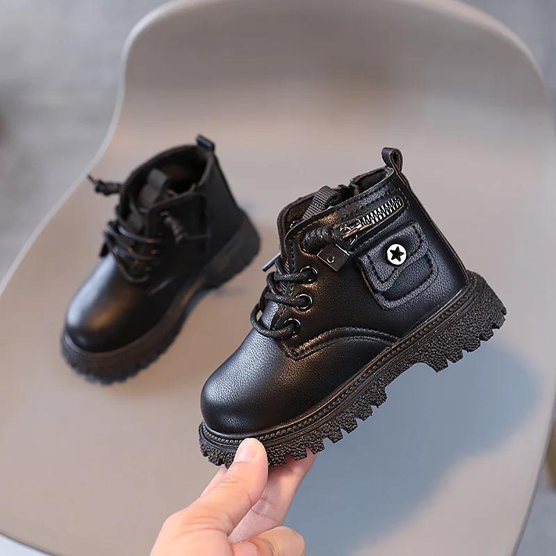 Handsome Lock Zipper Motorcycle Boots for Kids Girl Spring Autumn Designer Pocket Children Shoes Boys Ankle Boots H01083