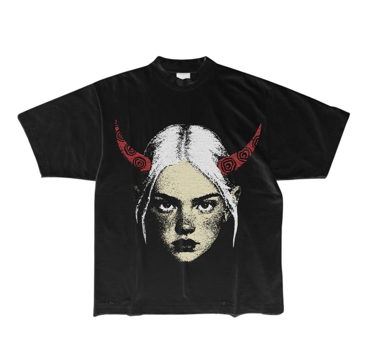 New Demon Girl Red Horns Graphic Print Black Short Sleeve Unisex S-5XL T-Shirt S