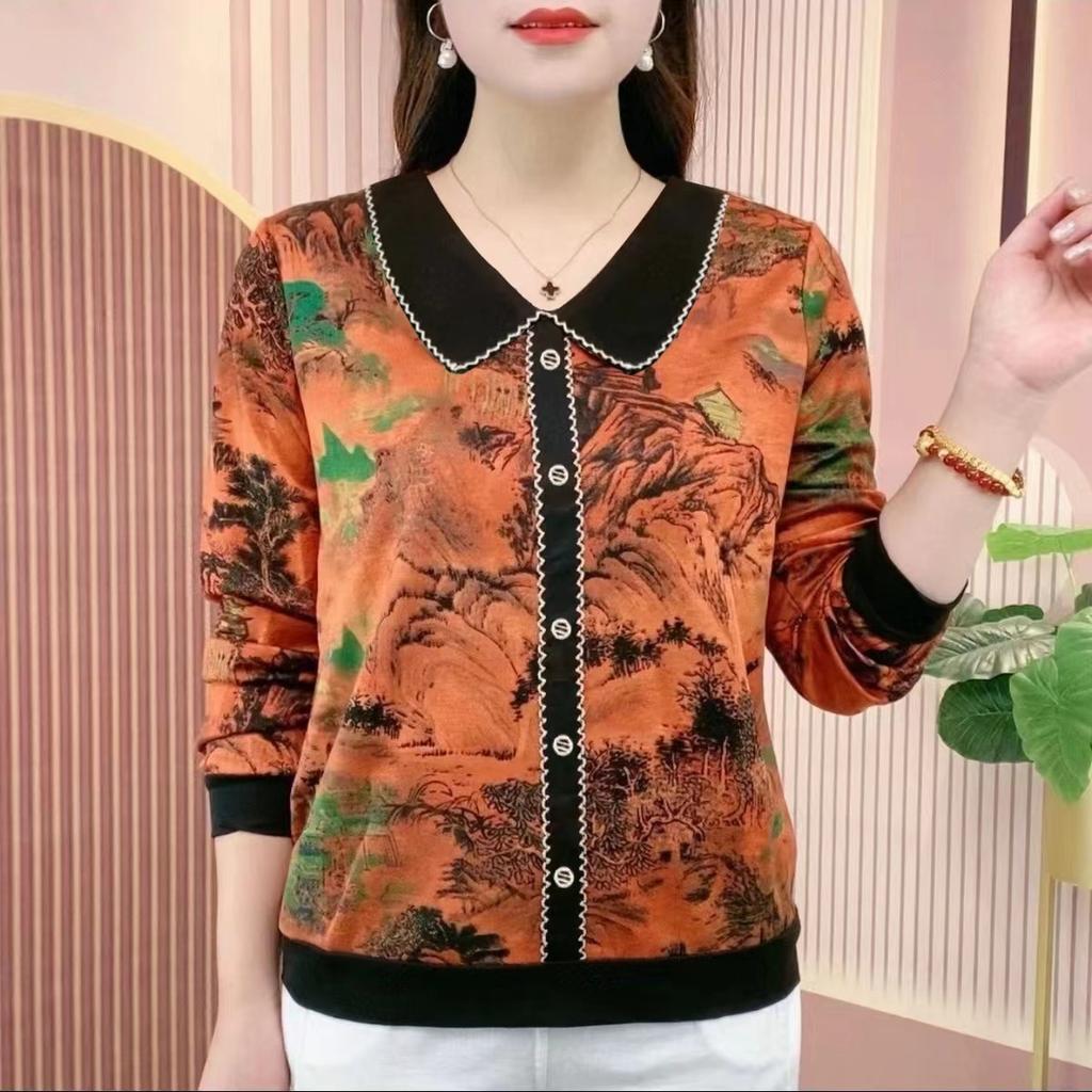 2025 Autumn New Style Middle-aged Elderly Mothers Dressed Top Printed Doll Collar Long Sleeve Shirt T-shirt for Women