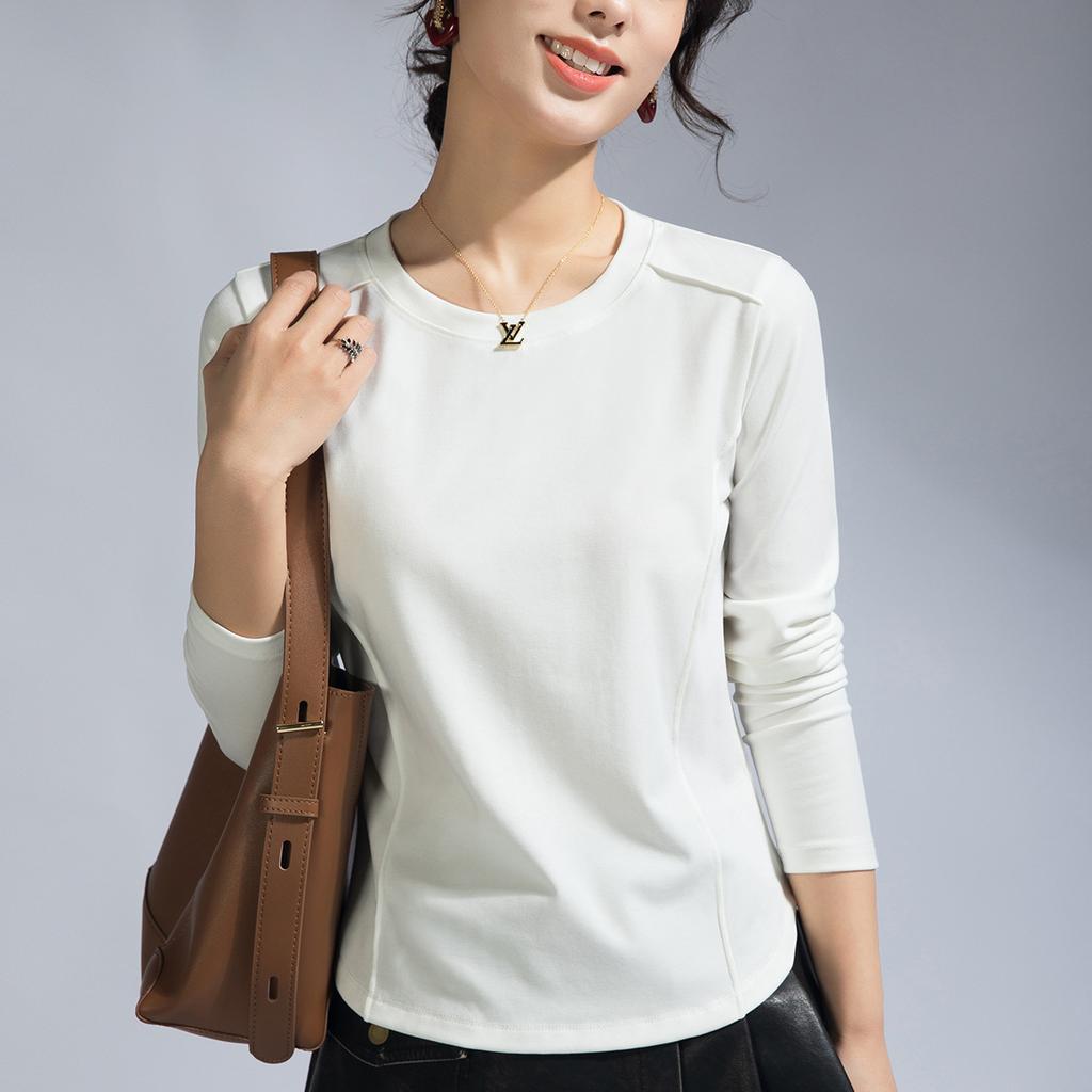 Front shoulder women's long-sleeved summer design niche t-shirt solid color white t-shirt fishbone top