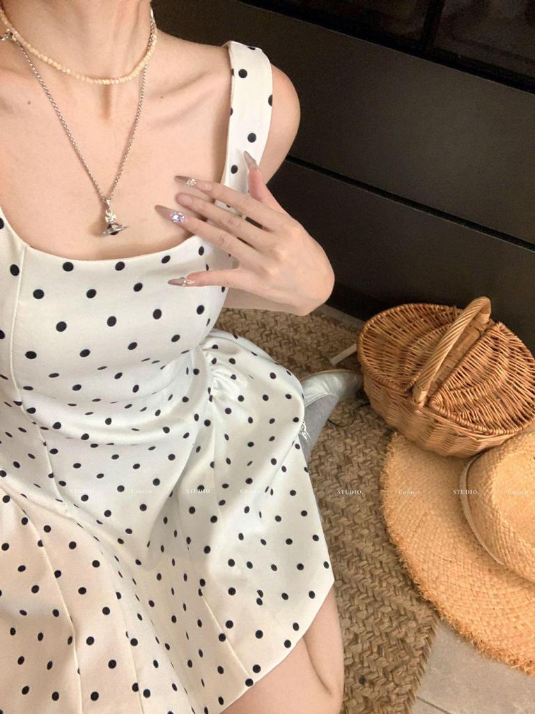 White Polka Dot Strappy Dress: Backless, Waist-Slimming, Puffy Skirt for Women