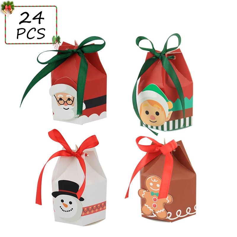 24PCS Christmas Candy Boxes,4 Styles Christmas Treat Gift Boxes Xmas Paper Boxes with Ribbon Candy Shape Small Sweet Boxes