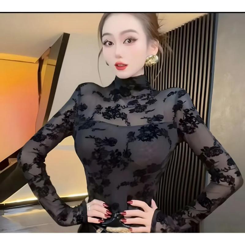 Halve Turtleneck Mesh Basishemd voor Dames Lente Herfst 2025 Nieuw Sexy Slim Fit Veelzijdig Westerse Stijl Lange Mouwen Top