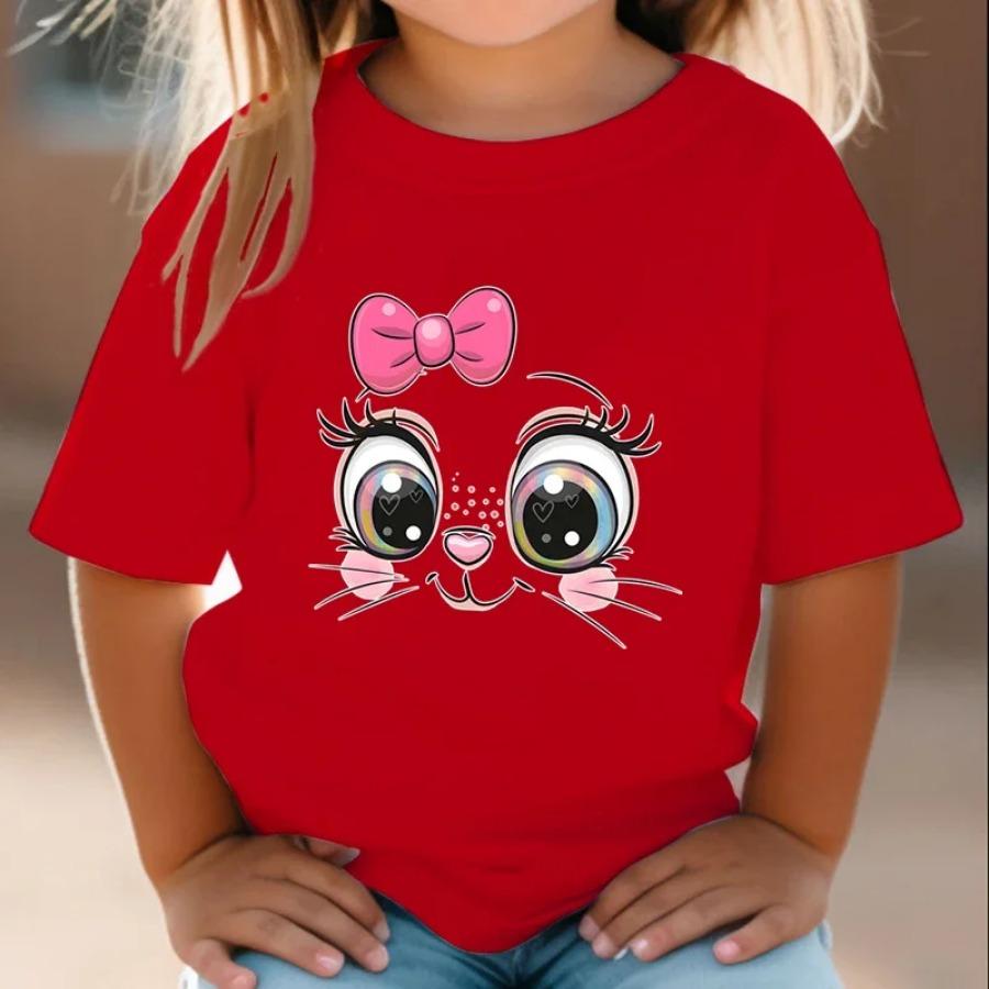 Teen Girl Clothes Pink Bow Cat Girl T-Shirt Summer Fashion Crew Neck Junior Girls' Clothing Short Sleeve Outdoor Children Top