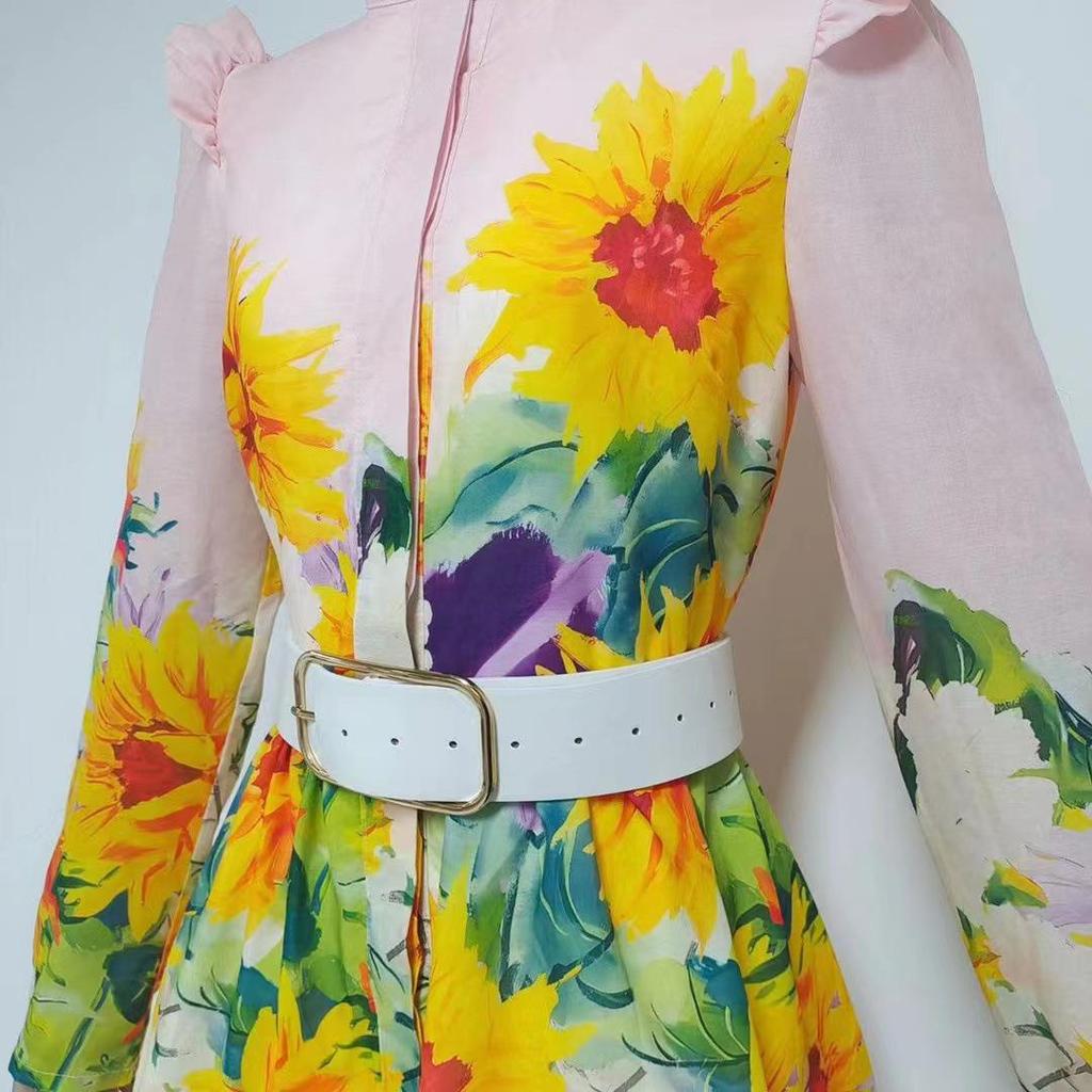 Sunflower Print Lace A-Line Dress with Stand-Up Collar & Long Sleeves