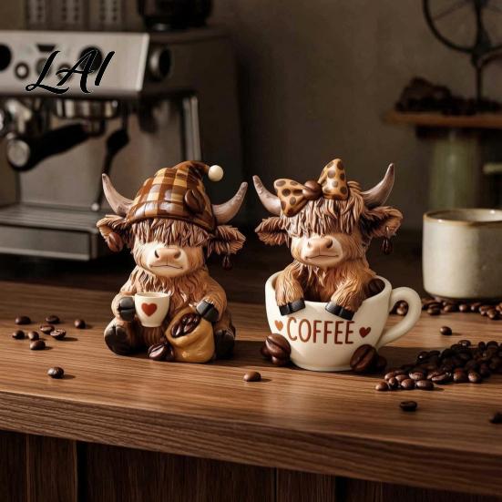Stabile Harzfigur Dekoration 2 Stück Kaffeekuh Figur Niedliche Tierstatue für Zuhause Schreibtisch Miniatur Highland Dekoration Café Stil Tischdekoration,