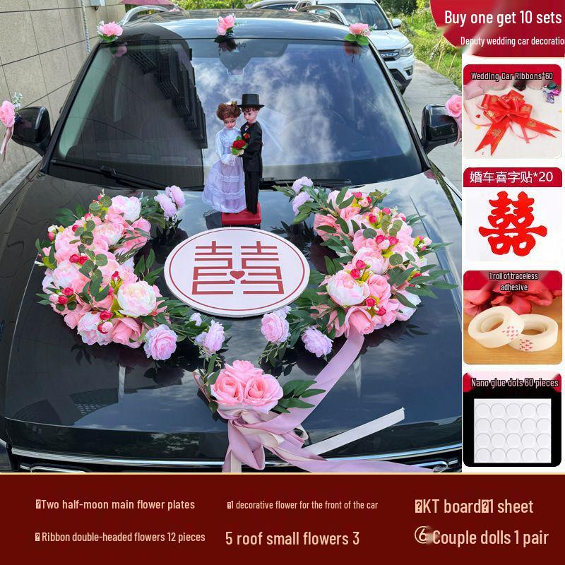 Kompletna dekoracja samochodu ślubnego: Kwiat na głowę, Kwiaty na klamki i Kwiaty na samochód główny/pomocniczy