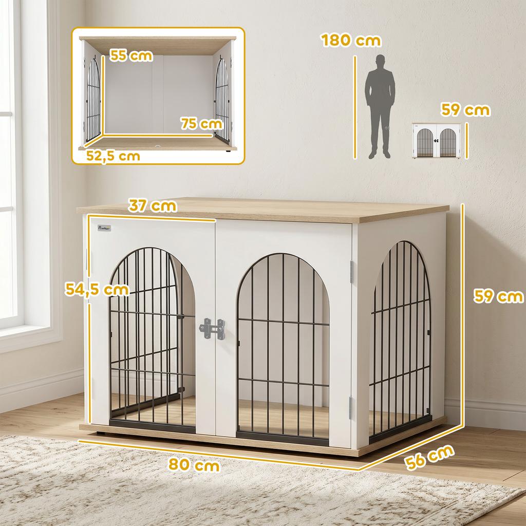 Dog Crate Furniture, Indoor Arch, Double Door, Side Table, Metal, 80 x 56 x 59 cm, White