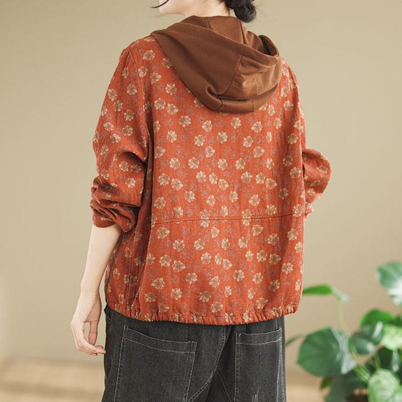 Spring and Autumn Loose Large Size Printing Plus Velvet Thick Hooded Retro Ladies Casual Jacket