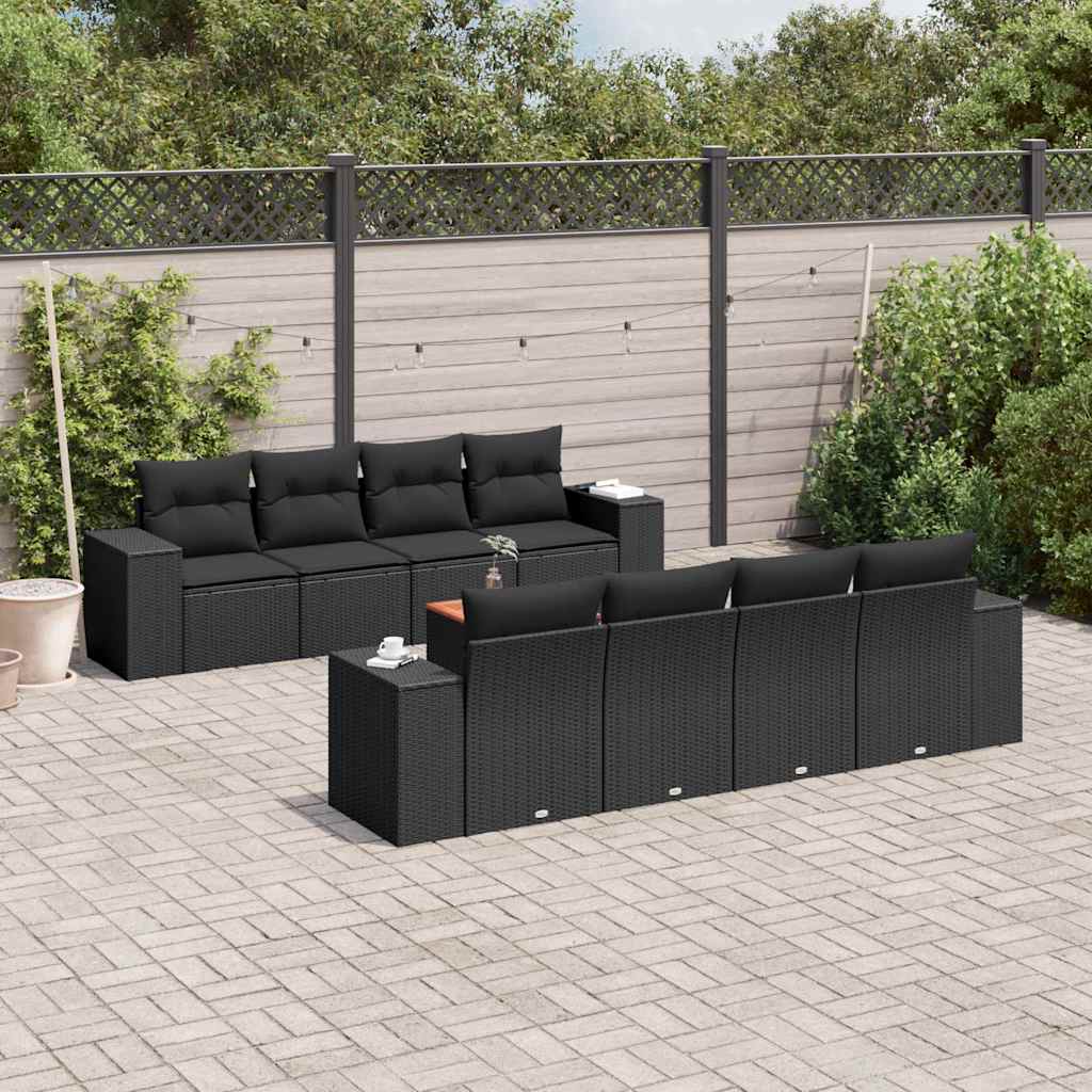 9-teiliges Gartensofa-Set mit Kissen Schwarzes Poly-Rattan