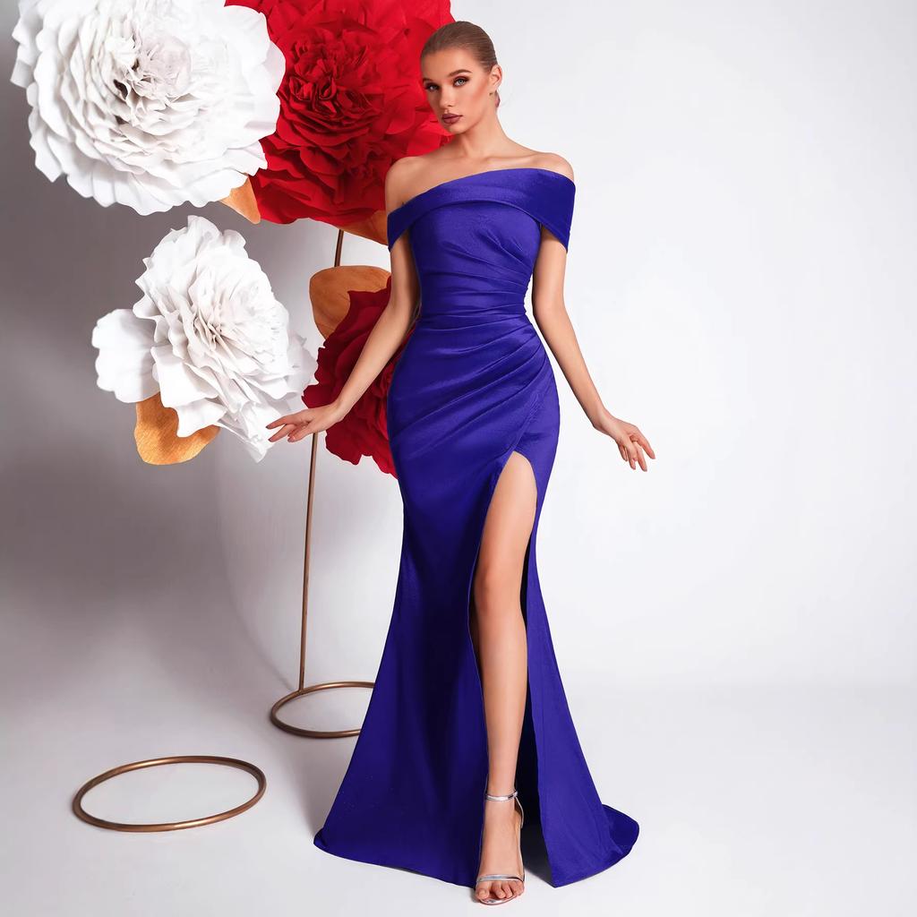 New European and American style one-word shoulder evening dress, high-end banquet celebrity temperament harpoon tail split dress