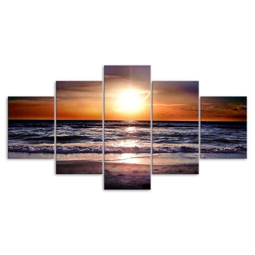 Sunset Beach Sea Waves Canvas 5 Piece Five Panel Wall Print Modern Art Poster Picture Home Decor Gift For Him For Her