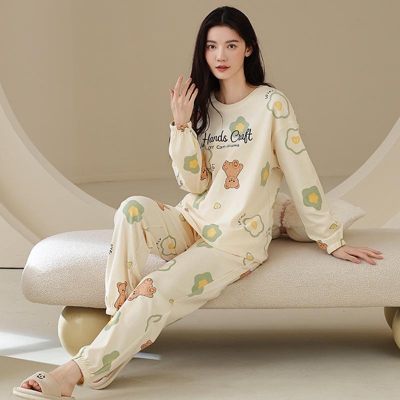 Ensemble de Pyjama pour Femme 100% Coton – Respirant, Absorbant la Sueur, Manches Longues Col Rond pour Porter à l'Intérieur et à l'Extérieur (Automne hiver)