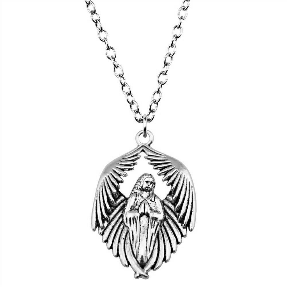 Angel Wing & Open Heart Pendant Necklace Romantic Gothic Statement Jewelry 45cm or 70cm Long Chain