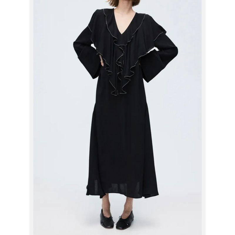 Export H Home Stylish Fashion Long Sleeve Ruffles Special-Interest Design Hepburn Black Elegance Beautiful Casual Dress
