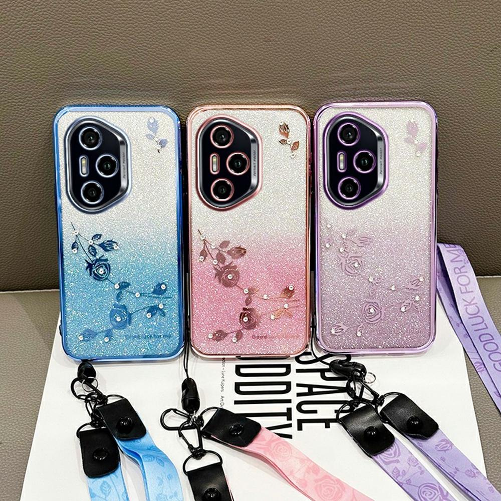 KADEM For Honor 400 Pro 5G (Global) Case Flower Pattern TPU Gradient Phone Cover with Lanyards