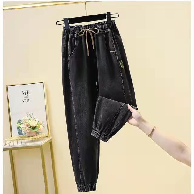 Womens Elastic High Waist Denim Trousers Drawstring Jogger Harem Pants Long Ankle Trousers Blue Loose Cowboy Pants New 2024