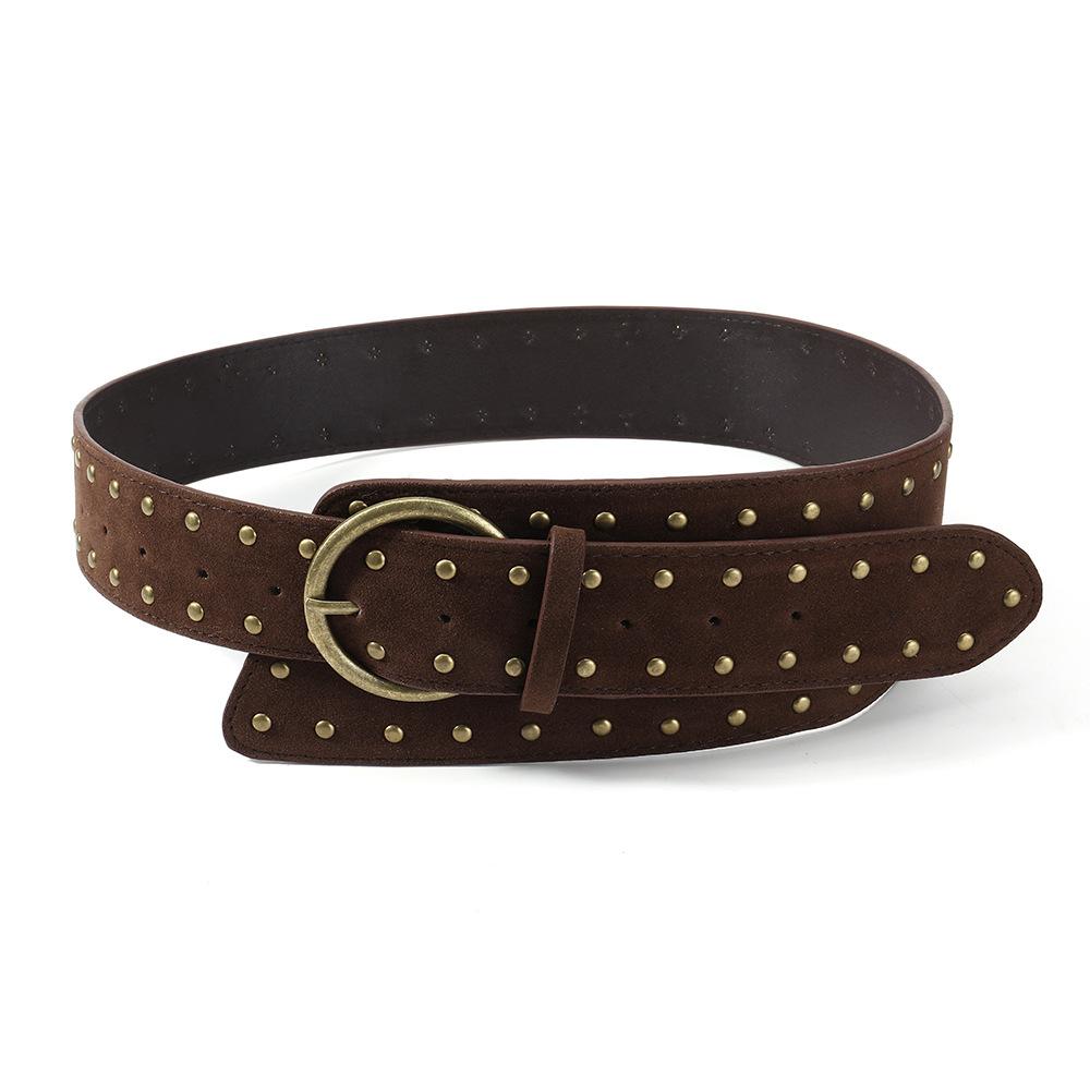 Women European American Punk Retro Heavy Industry Wide Belt Metal Rivet Personalized Belt Fashion Trend Suede Waist Belt