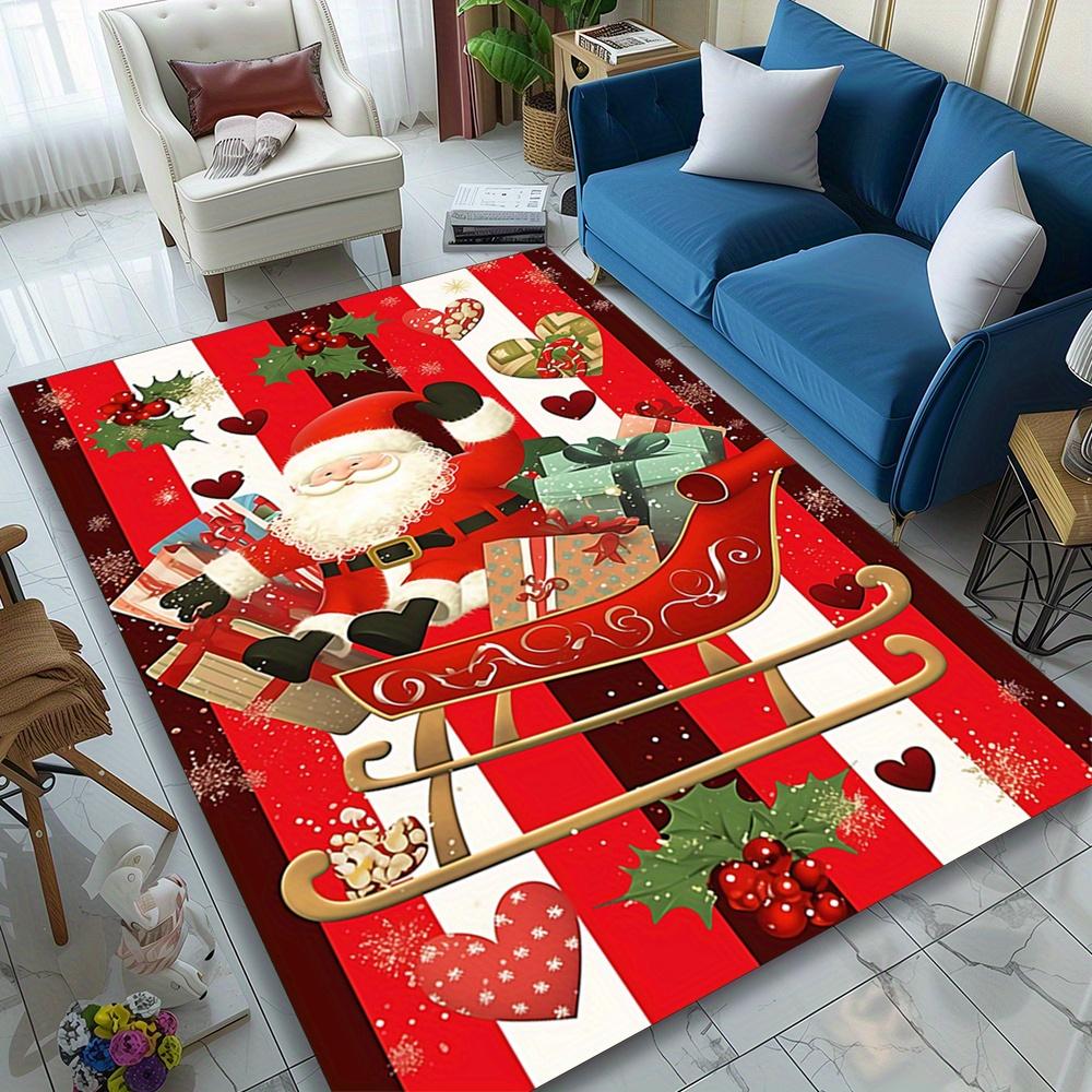 Durable Build Festive Santa Claus Area Rug - Durable Polyester Carpet with Christmas-Themed Design, Red & White Stripes, Green