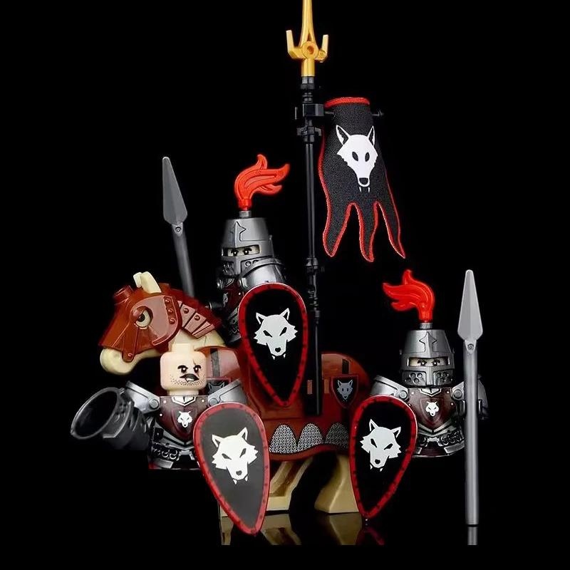 Medieval Castle MOC Building Blocks Wolf Warriors Soldier Figure Crusader Knights Horse Flag Vests Shield Weapon Toys Gifts T022