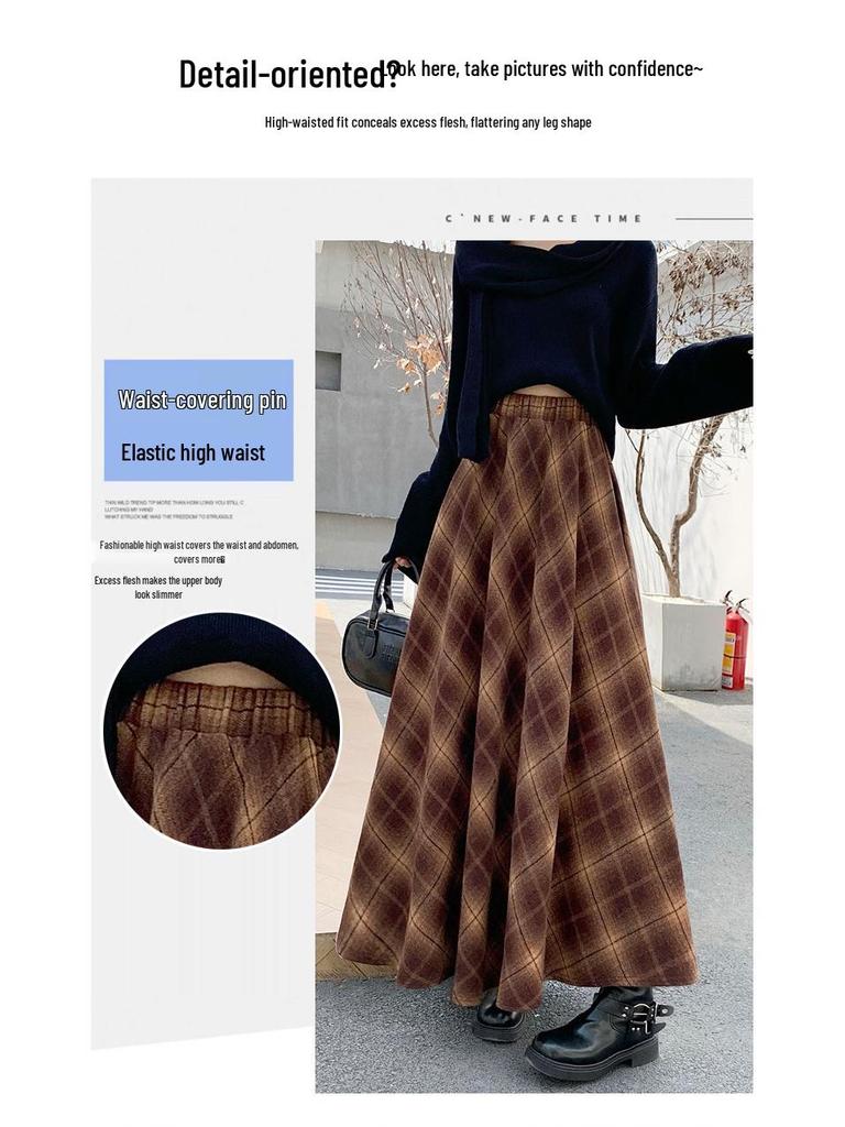 Thickened Warm Wool Retro Plaid Umbrella Skirt - 2025 Autumn/Winter Collection