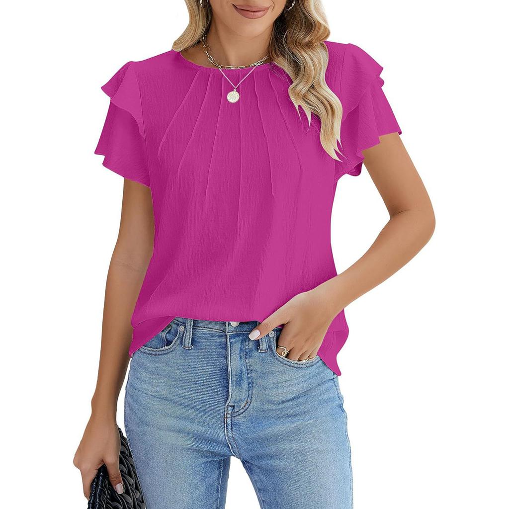 Damenmode Locker geschnitten Rundhals Falten Pullover T-Shirt Kurzarm Top