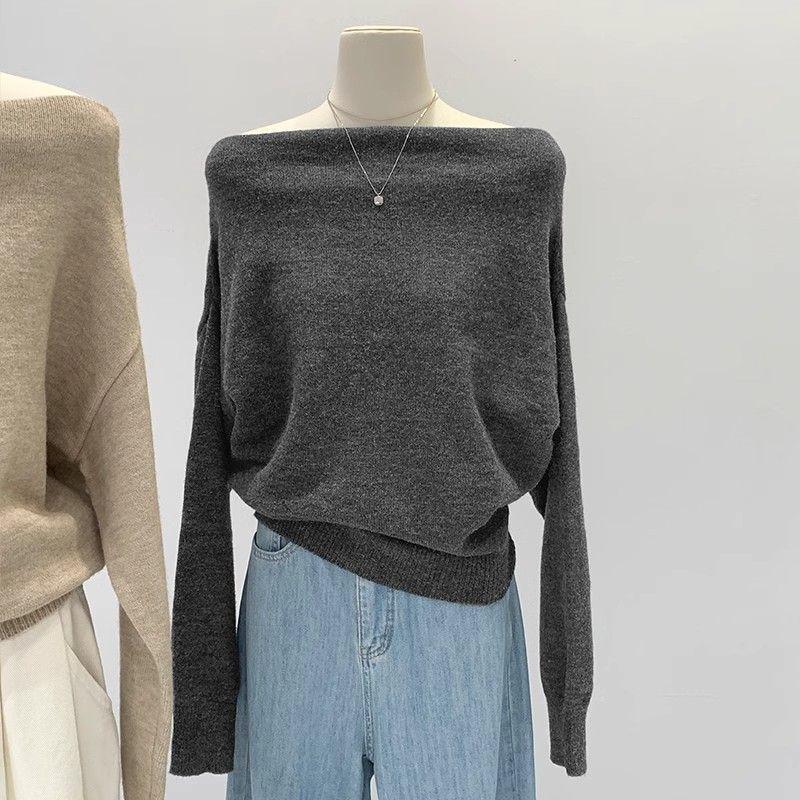 Women's French One-Shoulder Knit Top - Autumn/Winter 2024 Slim Off-Shoulder Sweater
