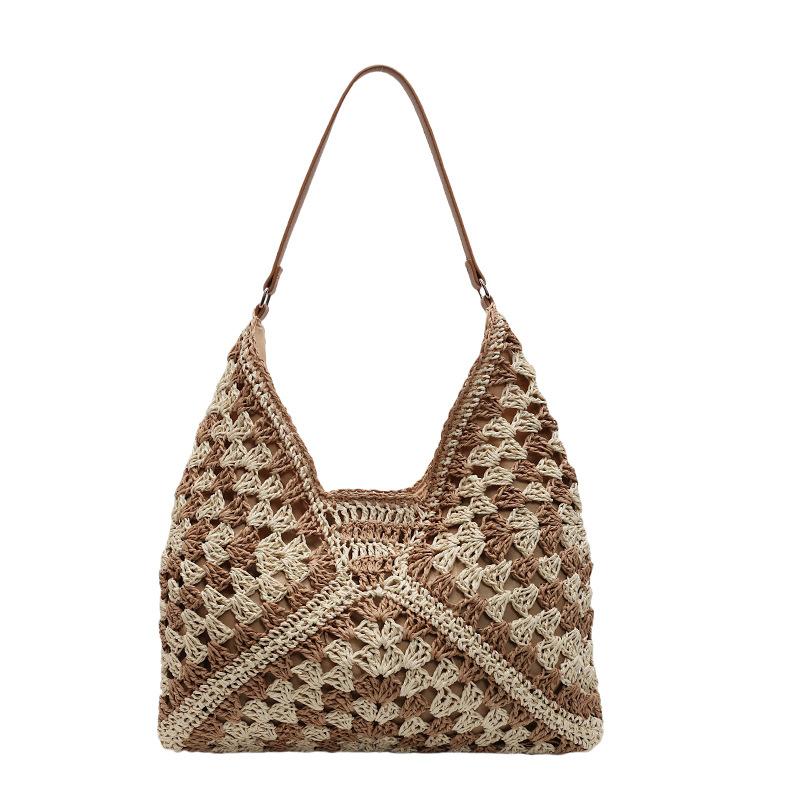 

Exquisite versatile beach vacation woven contrasting plaid women s underarm tote bag shoulder messenger bag коричневый