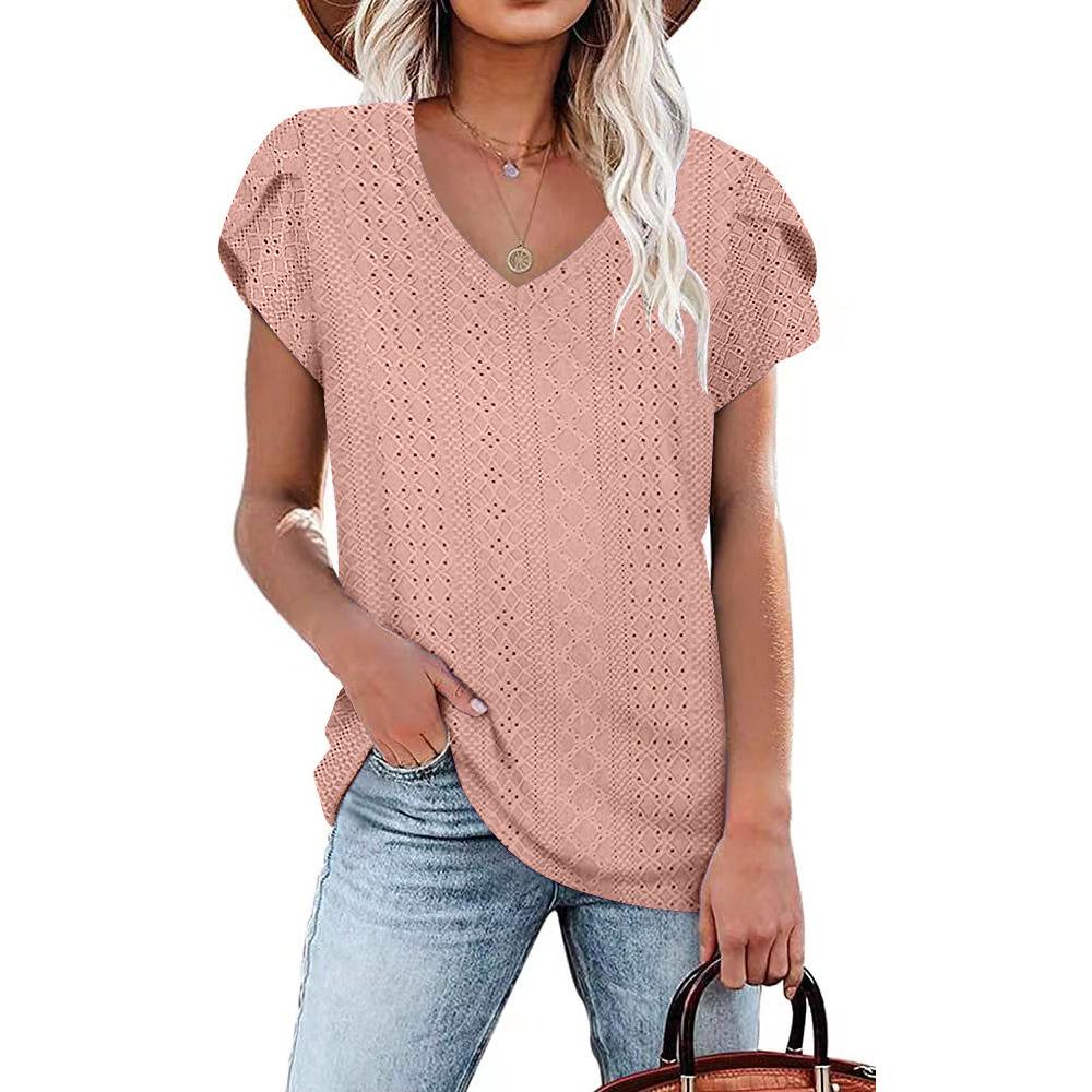 Summer Women's T-shirt Solid Color V-neck Tile Sleeve Loose Short Sleeve T-shirt Tops