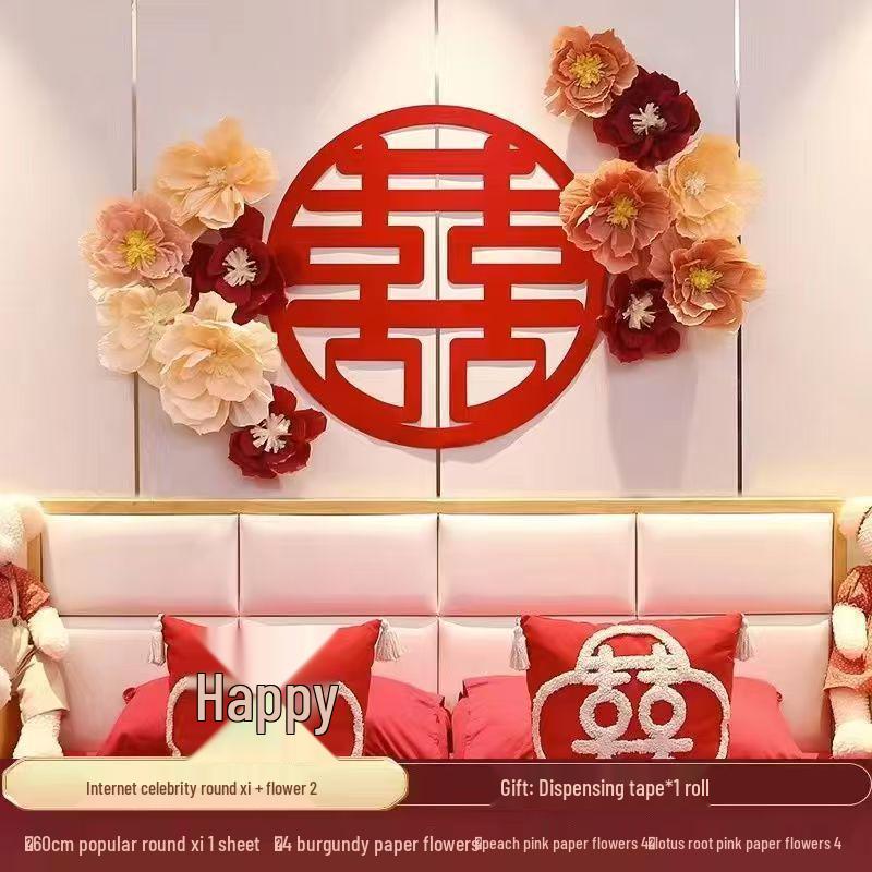 3D Wedding Xi Character Stickers & Crepe Paper Flowers for Bedroom and Living Room Decor