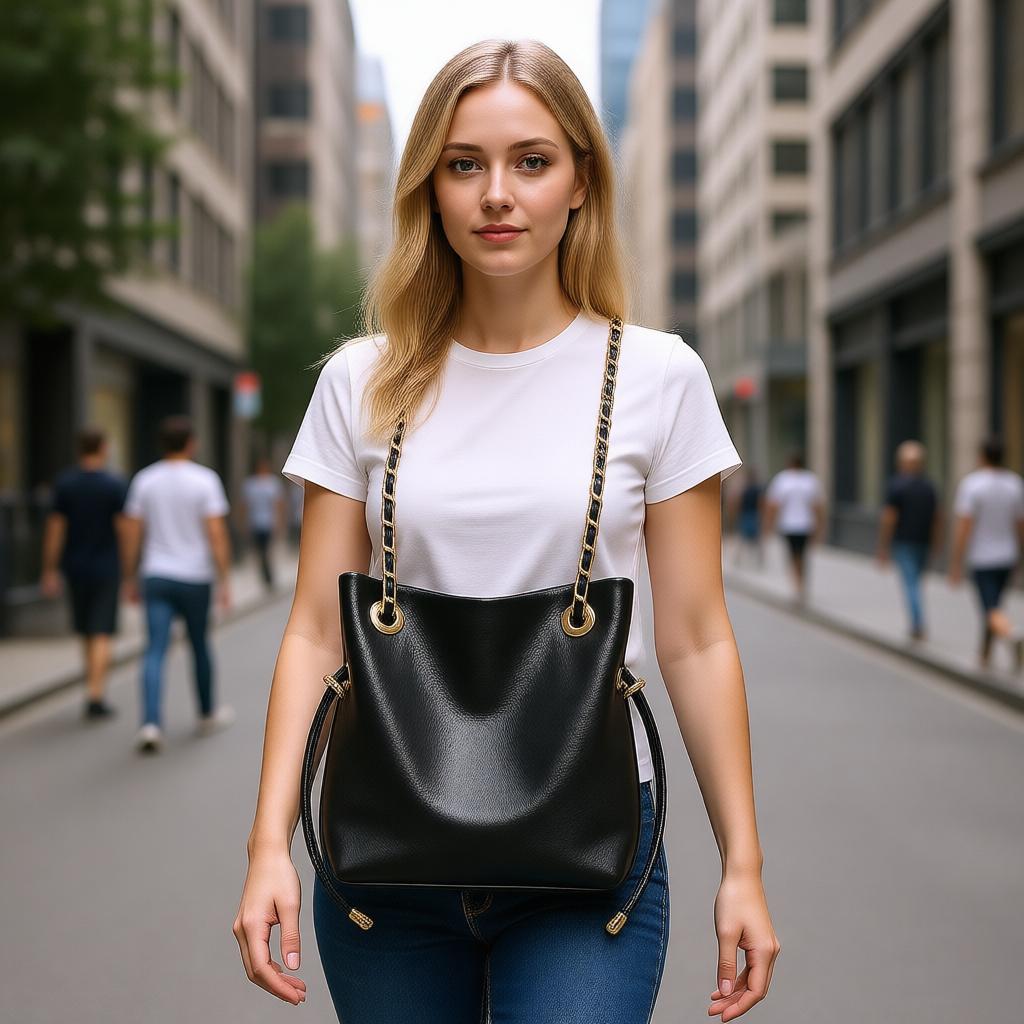 Women's Fashion Bucket Bag with Chain Strap Black Leather Shoulder Bag for New In PU Letter Decoration Small Underarm Shoulder