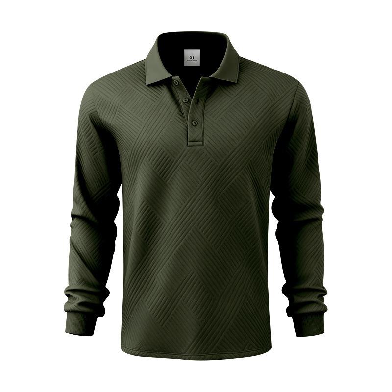 New Men's Solid-Colour Relaxed-Fit Casual Polo Shirt Long-Sleeved Button-Down Collar Jacquard Textured Sweatshirt